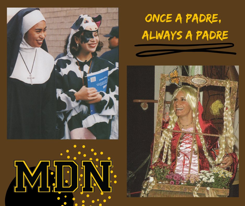 mdnpadres's tweet photo. #Flashback50Friday: Happy Halloween Padres🎉 
Holy cow! (1996) Andi Manrique &amp; Brandi Adamson dress up. The 2nd photo (2008) is Ms. Reagan Marten (now Ms. Guzman) who won the teacher's costume contest as Rapunzel. The last photo (2020) is of Ricardo Perez in the Halloween spirit! https://t.co/bifP0aGKr9