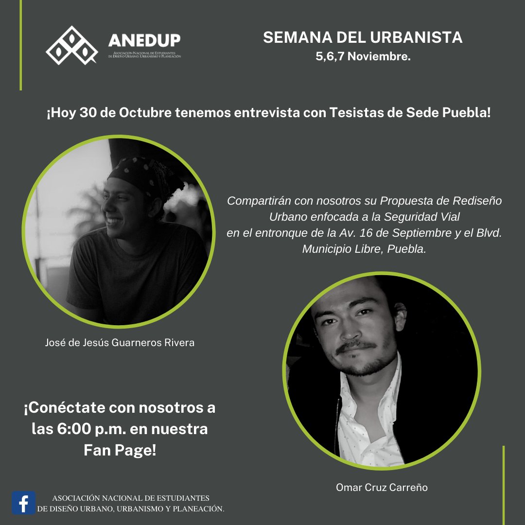 Conéctate con nosotros en punto de las 6:00 p.m. para conocer el proyecto de nuestros colegas Tesistas de Sede Puebla. 
#NuevaNormalidad #EspacioPublico #Movilidad #Resiliencia #Gobernanza #DiseñoUrbano #Urbanismo #Urbanista #PlaneacionUrbana  #Urban #Congreso