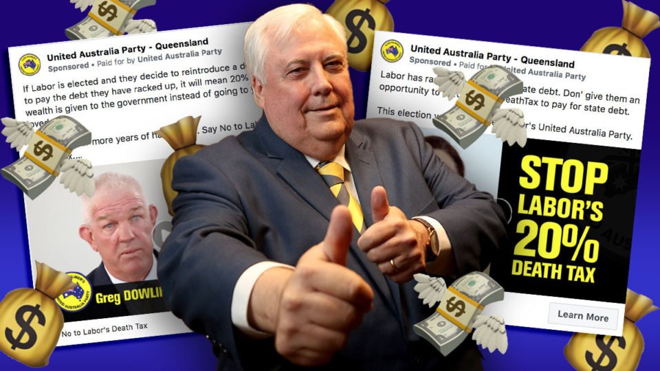 ObeeWhen's tweet photo. #QLDDebate #QLDvotes2020 
In a stunning back flip Annastacia Palaszczuk has decided that "Death Taxes" will be implemented immediately...

But only for Clive Palmer..

"How much" a withering Sky News sock puppet asked...
"What %"

"All of it" Anna replied....every brass razoo https://t.co/yqSfH8zdGn