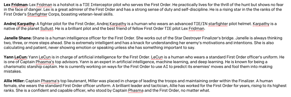 Let's get some more of our favorite AI people in here  @lexfridman,  @alliekmiller,  @ylecun,  @karpathy and  @JanelleCShane. Turns out they're all colleagues in the Star Wars universe!