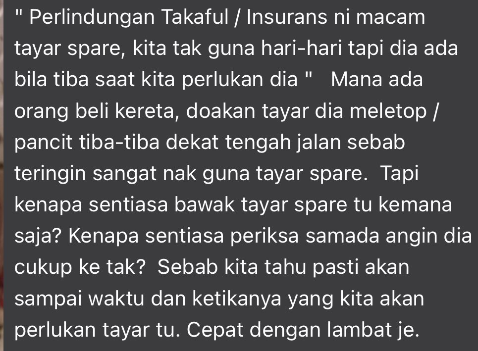 ainzaabar's tweet photo. Mencarum takaful ni umpama memiliki tayar spare untuk kereta.
Kita tak guna dia hari-hari tapi ada di saat kita memerlukan.
Maka, jangan pernah rasa membazir untuk carum takaful sbb kita tak akan tahu bila kita akan sgt perlukannya.
#JomBijakTakaful
#FAM2020 https://t.co/0mXolTD2WA
