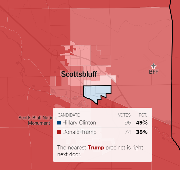 Still looking for other contenders, but I'm thinking the loneliest (most isolated) Clinton precinct in the country might be a Hispanic neighborhood in Scottsbluff NE? Nearest Clinton precinct is 100 miles away (1 hr 37 min drive) in Cheyenne WY. Can anyone find one more isolated?
