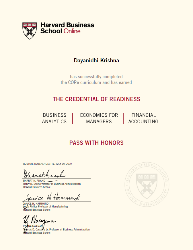 dkrish_24's tweet photo. With COVID-19, I managed to set aside time to take this up. I ended up completing HBS CORe with Honors. @online_HBS https://t.co/DduCpKPYtQ