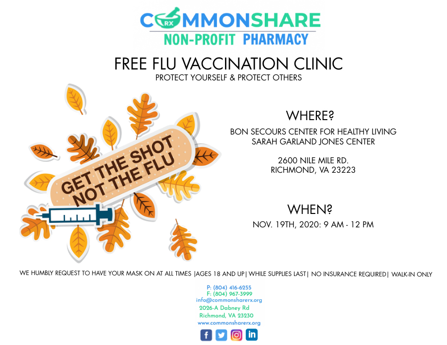Commonsharerx's tweet photo. Join us! #Richmond #pharmacy #healthbrigade #Bonsecours #vaccine #FluShot #RVA #Free #insured #uninsured @health_brigade @BonSecours https://t.co/GT3WOccW9q