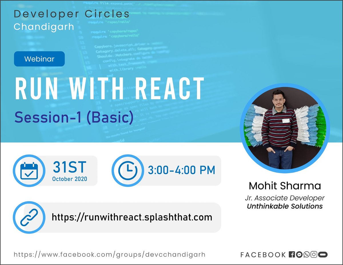 Developer Circle Chandigarh are here with new event *Run with React* and we are proud  to host it and share the details of event with all of you.

*Registration Link:-* runwithreact.splashthat.com
*Live on:-* facebook.com/groups/devccha…