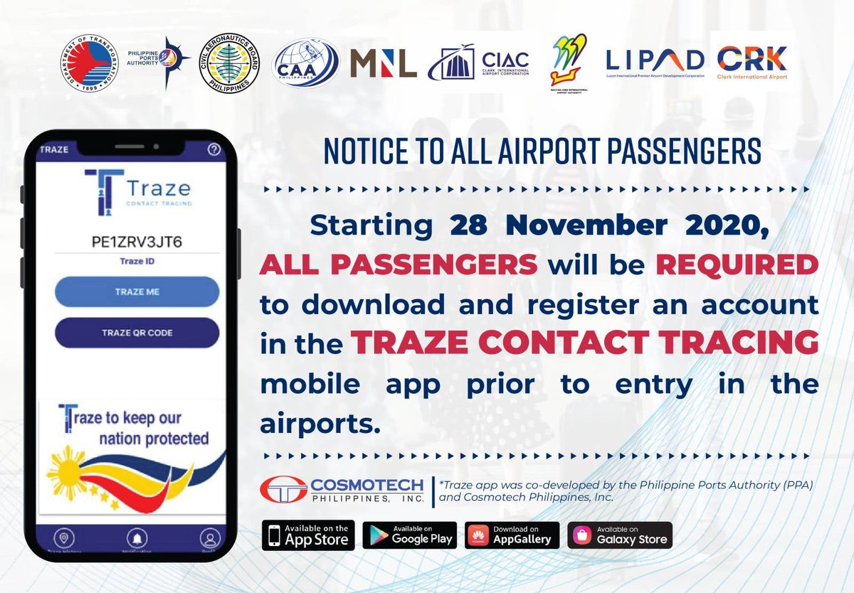 CRKAirport's tweet photo. IMPORTANT ADVISORY: ALL airport passengers MUST download and register an account in the TRAZE Contact Tracing App beginning 28 November 2020, prior entering the airport. | Full details: https://t.co/4rwY0xUZnw #DOTrPH #TRAZE #ClarkInternationalAirport #YourGatewayToMore #CRK https://t.co/vmqqMe5sGC