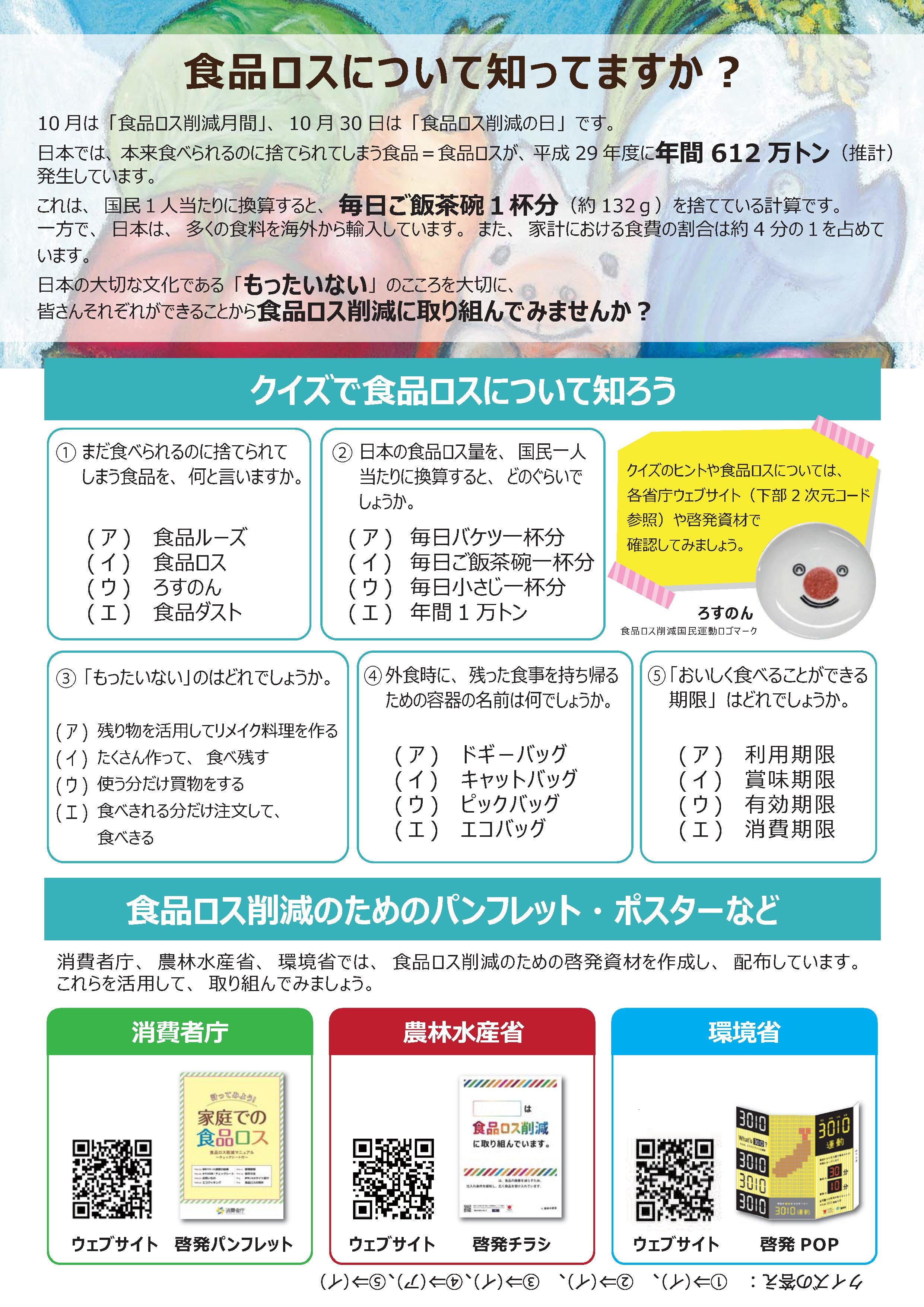 農林水産省 10月30日 食品ロス削減の日 10月を 食品ロス削減月間 として 私たちにできる食品ロス削減への取組をご紹介してきましたが 農林水産省 は食品ロス削減のために必要な商慣習の見直しを 事業者の皆さまにもお願いしています 次稿より