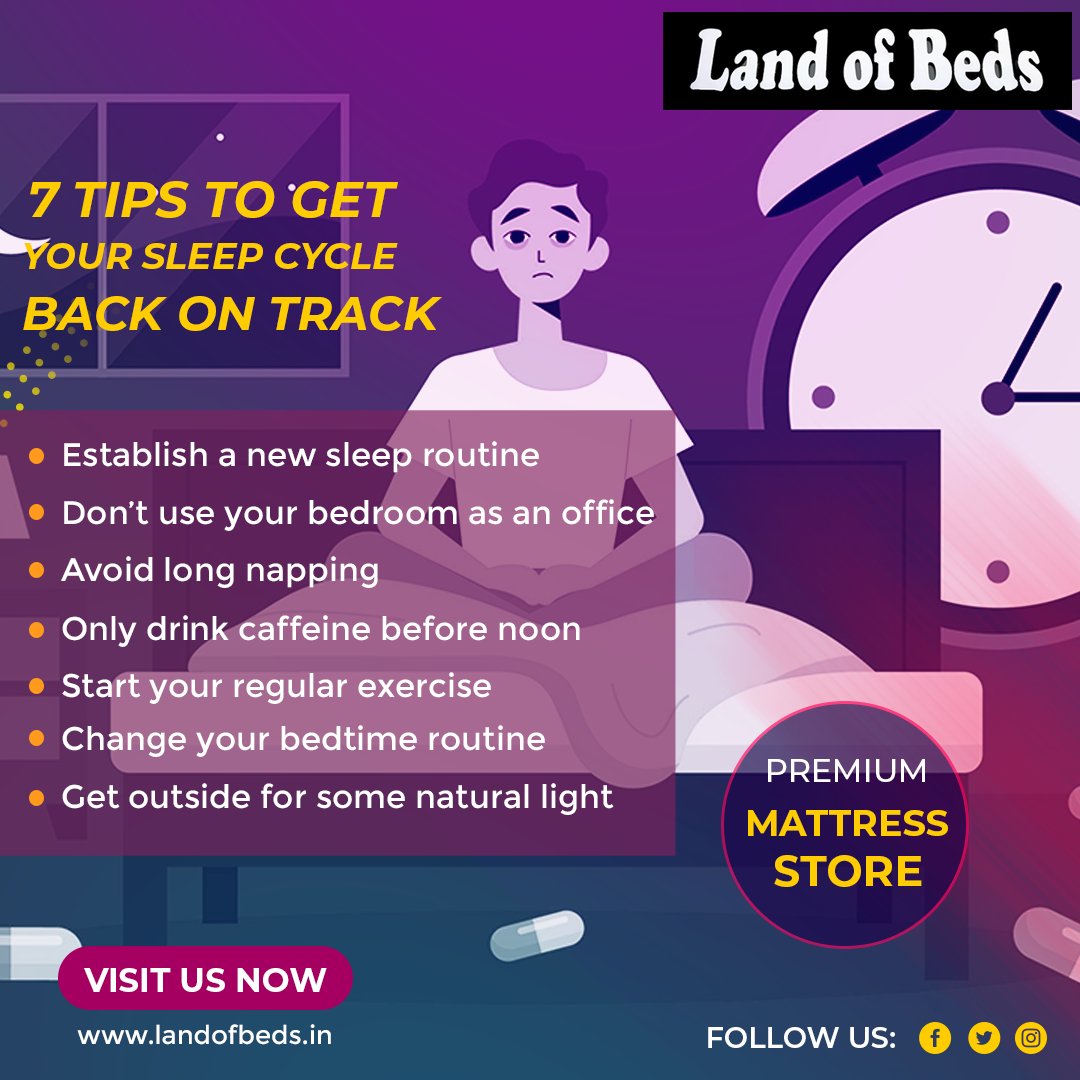 7 tips to get your sleep back on track.

#Landofbeds #Sleepessentials #Mattressstore #Mattressdealers #LuxuryMattress #luxurylifestyle #luxurybedroom #luxuryinteriors