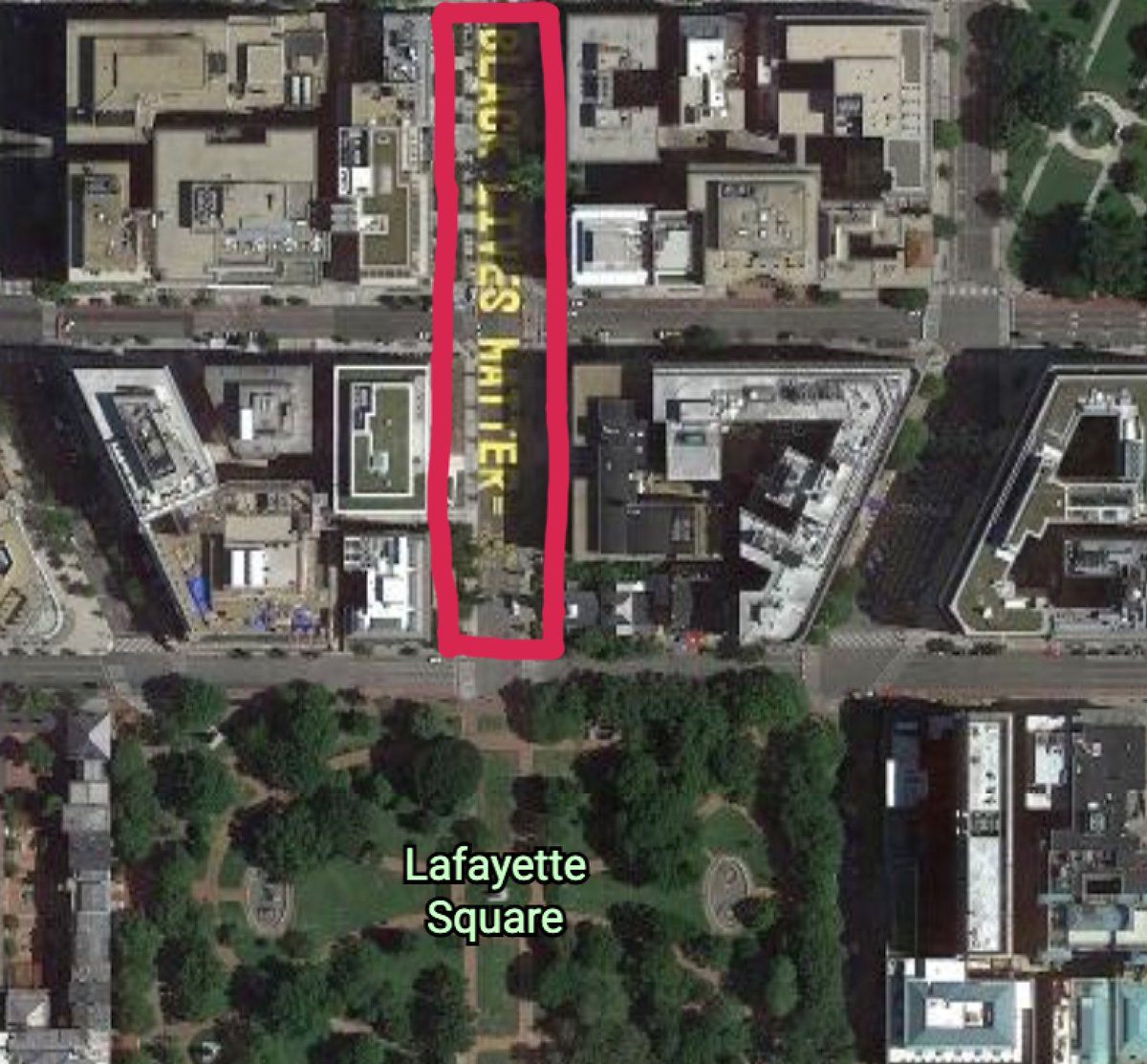 The violent extremists are planning to use the "BLM Plaza" area - about the size of three football fields, marked in red - as a "staging area" for a mob "siege" to attack the White House complex.  @MayorBowser, who supports BLM, has closed off the area to traffic for months.