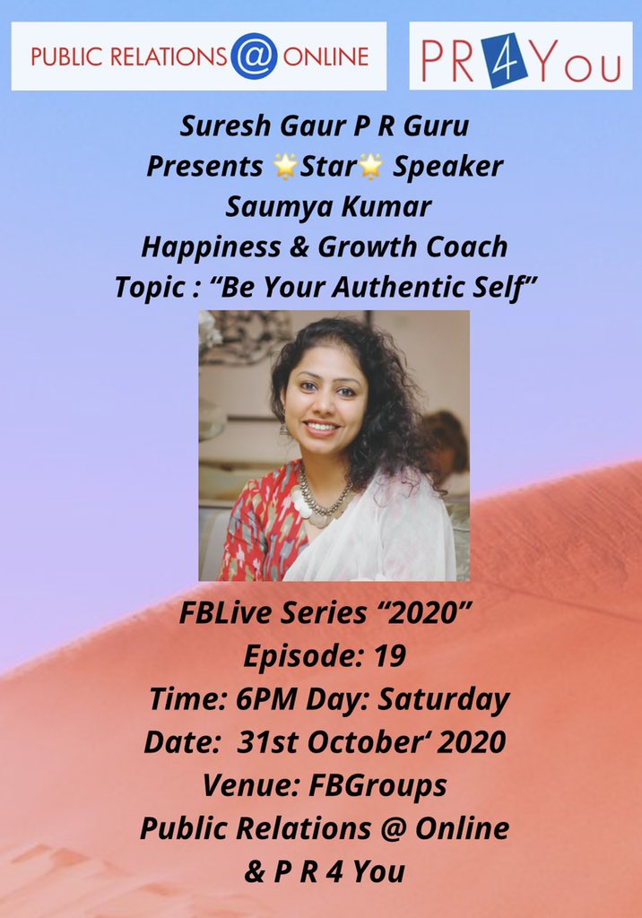 sureshgaur56's tweet photo. Hello Friends ๐๐ปโโ๏ธ
Happy to present #Episode19
#FBLiveSeries #TwentyTwenty #2020
#StarSpeaker โSaumya Kumar -
Happiness & Growth Coach
Day & Date #Saturday #31stOctober
Time #6pm Venue #FBGroupPages
๐๐ผ๐๐ผ๐๐ผ
Public Relations @ Online & P R 4 You
@finding_purple https://t.co/K2Hg9q15S5