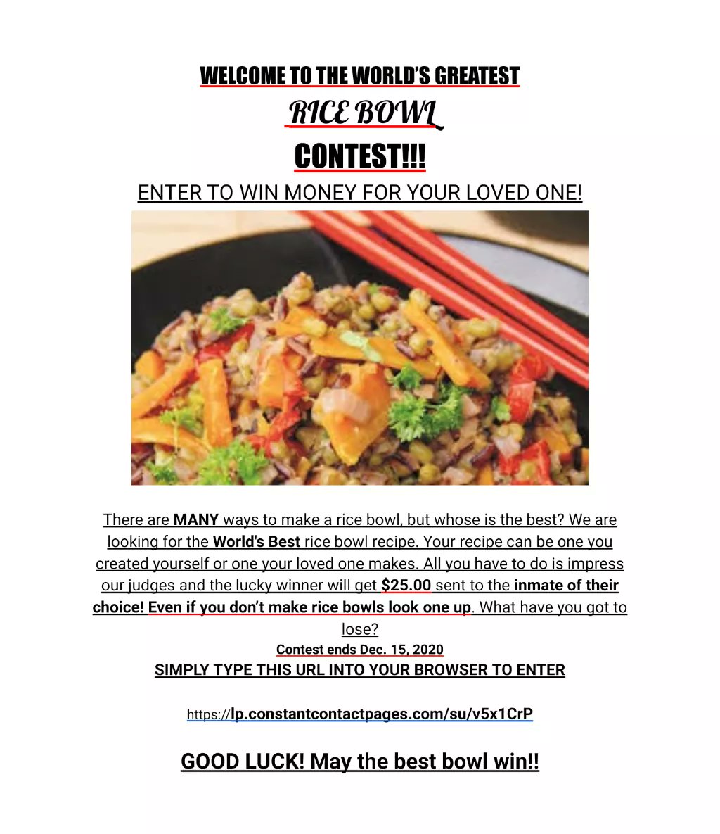 LKaifos's tweet photo. https://t.co/hDaVI07YLf Rice bowl contest Winner gets their LO $25 READY SET GO
@SpeedyVeez @AngieFlorida2 @angie4justicefl @RPRISONISSUES @ChisholmSimmons @WivesFed @FreeSheron @ForGaines @2020FloridaCJR @AndInmates @FFreepat @deniserock11 @GuiltyUntilInn1 @Freddymade @Free_AIP https://t.co/25ls1473K1