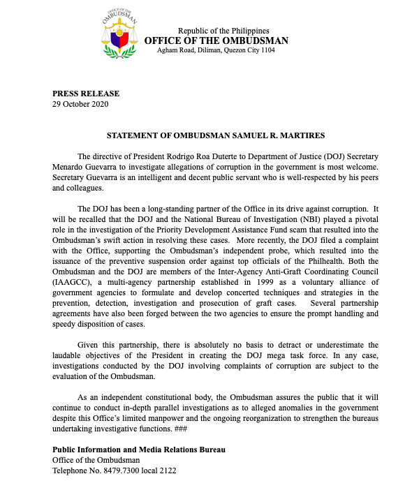 rapplerdotcom's tweet photo. As observers note that the DOJ mega task force on corruption oversteps on the Ombudsman's mandate, Omb Samuel Martires says task force is "most welcome" and praises Justice Sec Menardo Guevarra as "an intelligent and decent public servant who is well-respected." | @lianbuan https://t.co/CuUkIDPzKT
