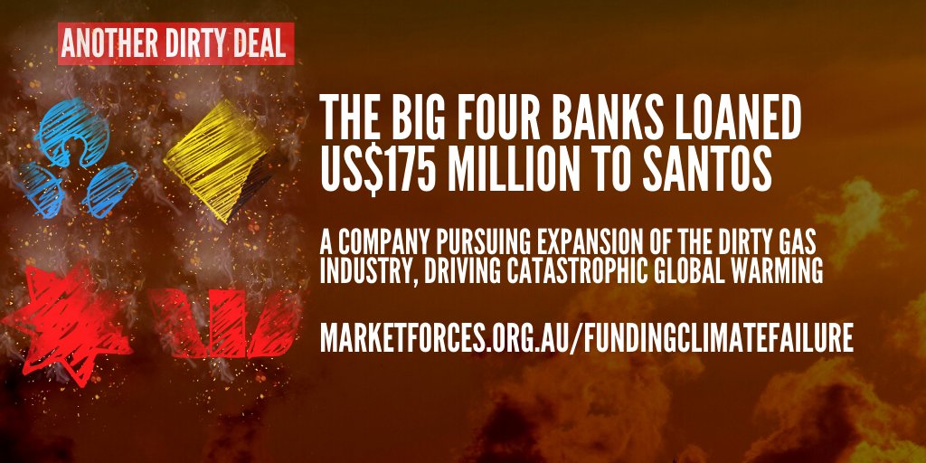 market_forces's tweet image. Late last week, banks including @ANZ_AU, @CommBank, @NAB and @Westpac loaned US$750m to Santos, a company pursuing expansion of the dirty #gas sector via its controversial Narrabri Gas Project.

Tell the big four banks: 1.5°C means no more fossil fuels! marketforces.org.au/FundingClimate…