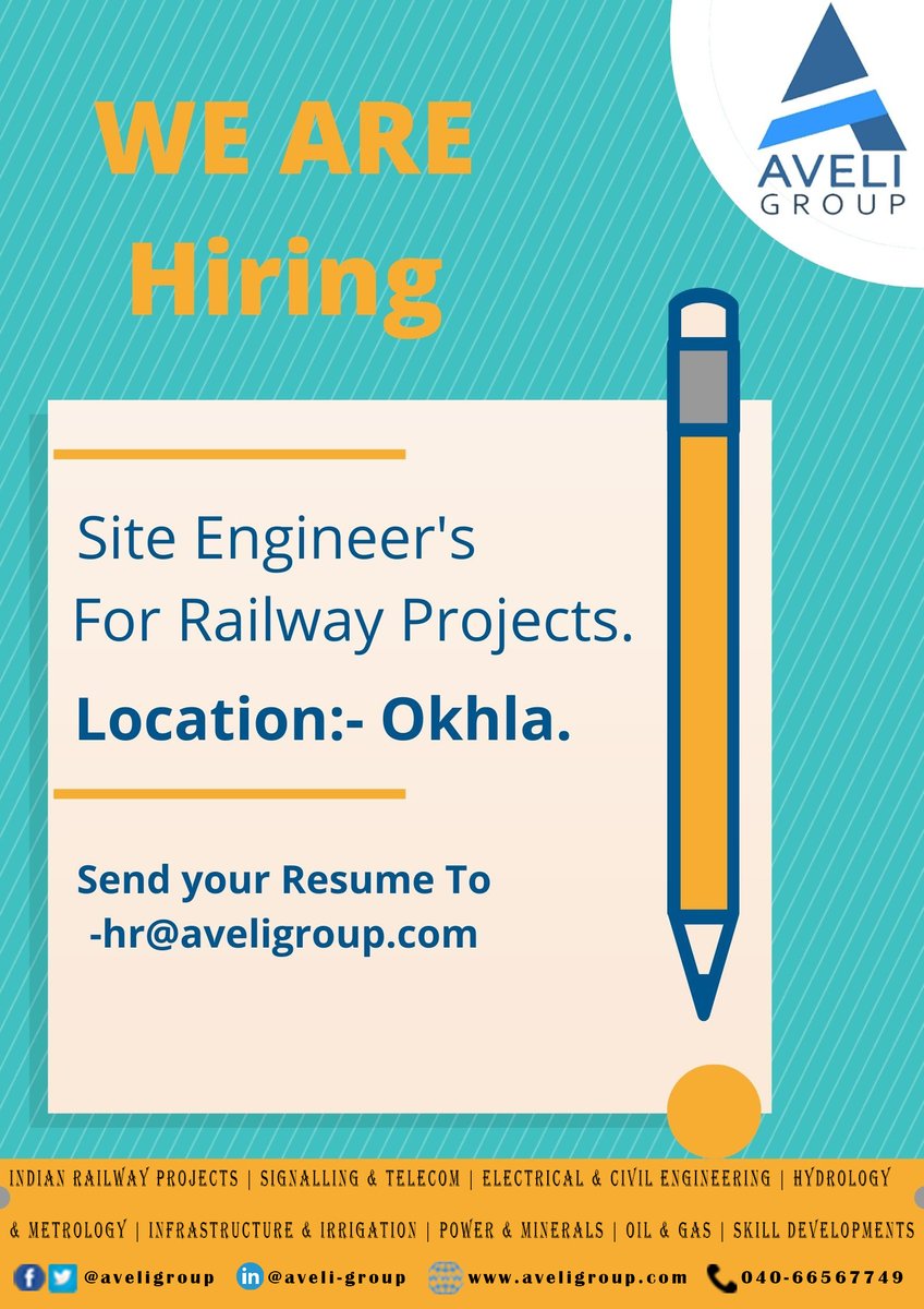 AveliGroup's tweet photo. HIRING SITE ENGINEERS FOR RAILWAY PROJECTS

LOCATION:- OKHLA. https://t.co/s73TyvZEiy