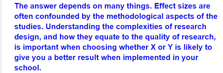 Effect sizes matter when it comes to making #evidenceinformed decisions in education, but bigger may not always be better. Read this blog by @DrewMillerUON and myself on why and how to read the research that sits behind it <a href="/UON_TTRC/">Teachers and Teaching Research Centre</a> <a href="/E4Ltweets/">Evidence for Learning</a> <a href="/tvaughanEdu/">Dr Tanya Vaughan (she/her)</a> bit.ly/3eah8id