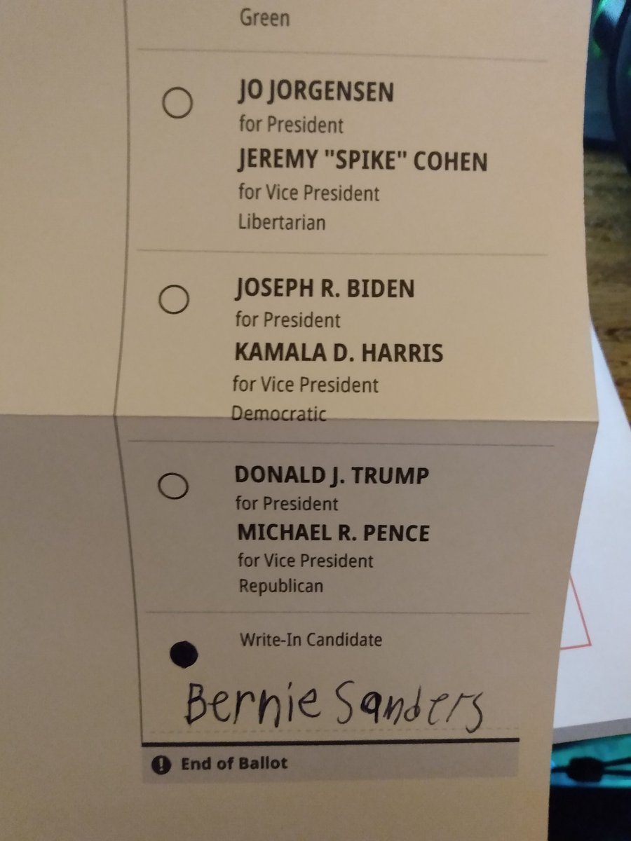 JManMunch's tweet photo. Proud to cast my vote for Bernie Sanders for President. I encourage everyone to #WriteInBernie. #Election2020 https://t.co/9sNCpdFjmn