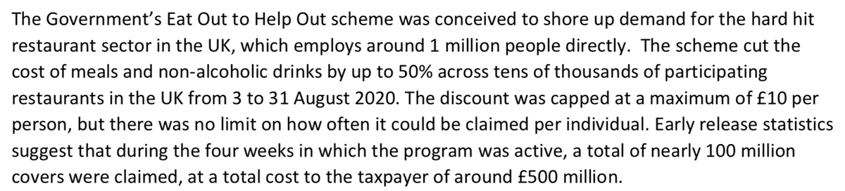The EOHO scheme was conceived to help the hard-hit restaurant businesses in the UK in the wake of 1st  #COVID19 wave. The scheme cut the cost of meals & non-alcoholic drinks by up to 50% across tens of thousands of participating restaurants in the UK from 3 to 31 August 2020. 1...