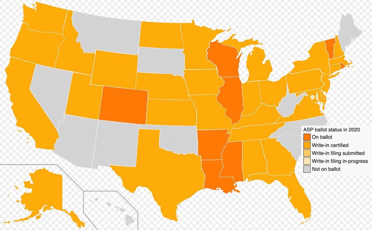 ASP_OH's tweet image. The map below shows which states have ballot access for Brian Carroll for the upcoming 2020 presidential election. Please share it with your family, friends, and neighbors!