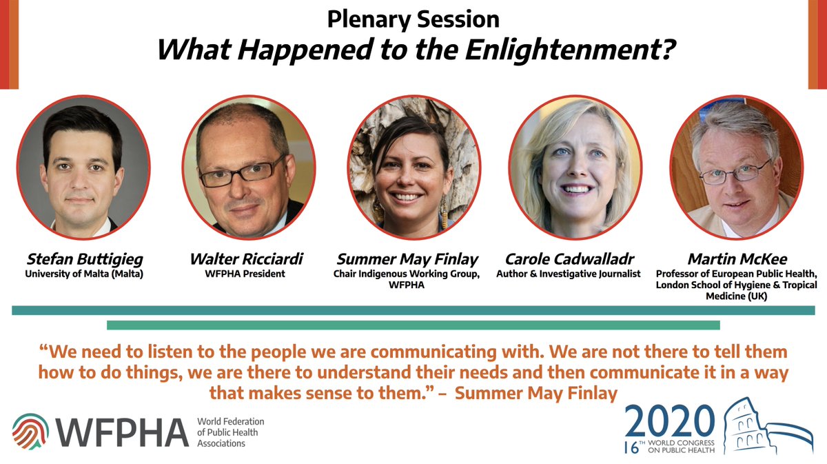WAAPH_VIP's tweet photo. The 1st plenary session of the #WCPH2020 featured @WRicciardi, @SummerMayFinlay, @carolecadwalla, @martinmckee, &amp; @stefanbuttigieg in a discussion about combatting fake news &amp; effective communicatn in public health... https://t.co/8Ks2WgDIle MT @WFPHA_FMASP @WRicciardi @ohanyidof