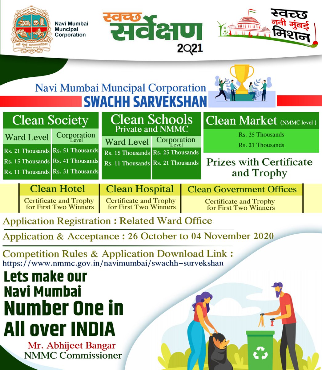NMMConline's tweet photo. Navi Mumbai Municipal Corporation Swacch Sarvekshan Competition 2021
Sanitation competitions have been organized for various departments like Swachh Society, Swachh School, Swachh Market, Swachh Hotel, Swachh Hospital, Swachh Government Office. https://t.co/PJM69WOABn