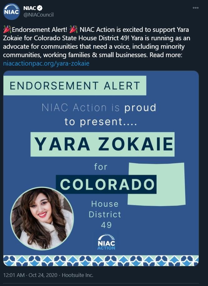 17) @YZokaie, running for Colorado State House District-endorsed by NIAC-Zokaie pushes the old Tehran talking point of “No war with Iran.”-claims Iran’s response to Covid-19 has been better than that of America