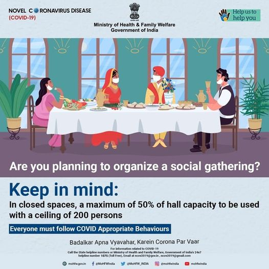 #IndiaFightsCorona:
Hold social gathering only if unavoidable. Stay connected with friends and family, online. Be safe.
#DoGajKiDooriMaskHaiZaruri #Unite2FightCorona https://t.co/PHbMNGRwEk