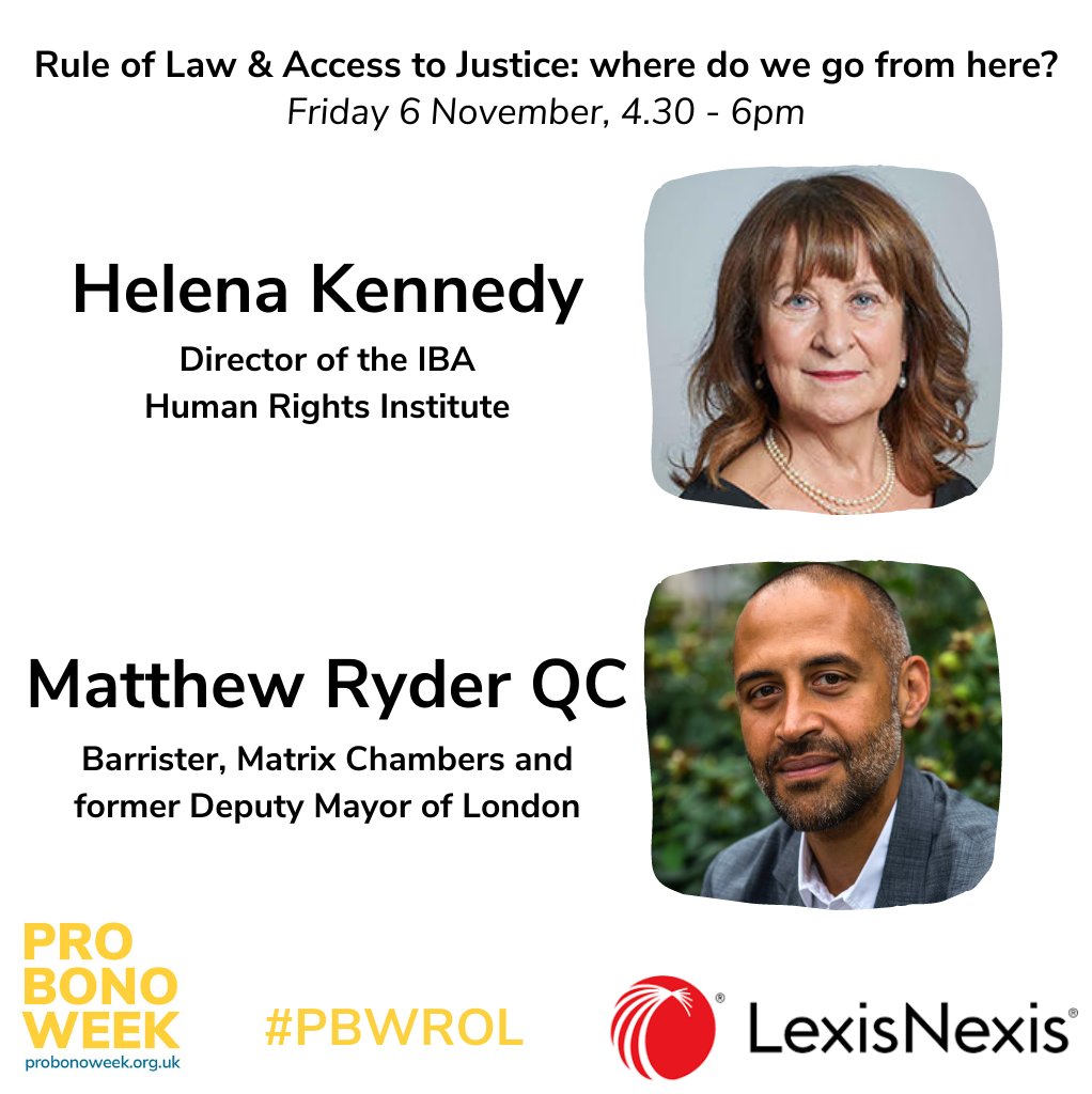 At 4.30pm Friday 6 November join us for a healthy discussion on #ProBono, #AccessToJustice, the #RuleOfLaw and where we go from here, with a fabulous panel. Use this link to register: probonoweek.org.uk/event/rule-of-…

#ProBonoWeek #LadyHale <a href="/simondavislaw/">simon davis</a> @mryderqc #HelenaKennedy