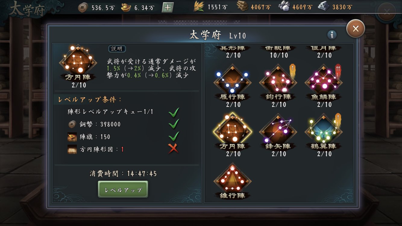 ケルナグールs11 衡軛陣レベル10になったら次どれあげればいいんだろう 方円陣 武将の攻撃力減少って味方の 相手の 新三国志 太学府 陣形 T Co Xosak3ejg4 Twitter
