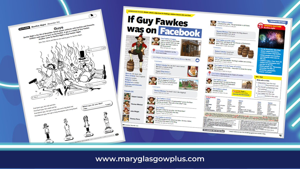 It's Bonfire Night in the UK, to remember Guy Fawkes and the Gunpowder Plot. Check out our imagining of Guy Fawkes on Facebook in your new issue of Crown! You can also find Bonfire Night resources in our resource bank - like this Guy Fawkes worksheet! bit.ly/3oJJg0K