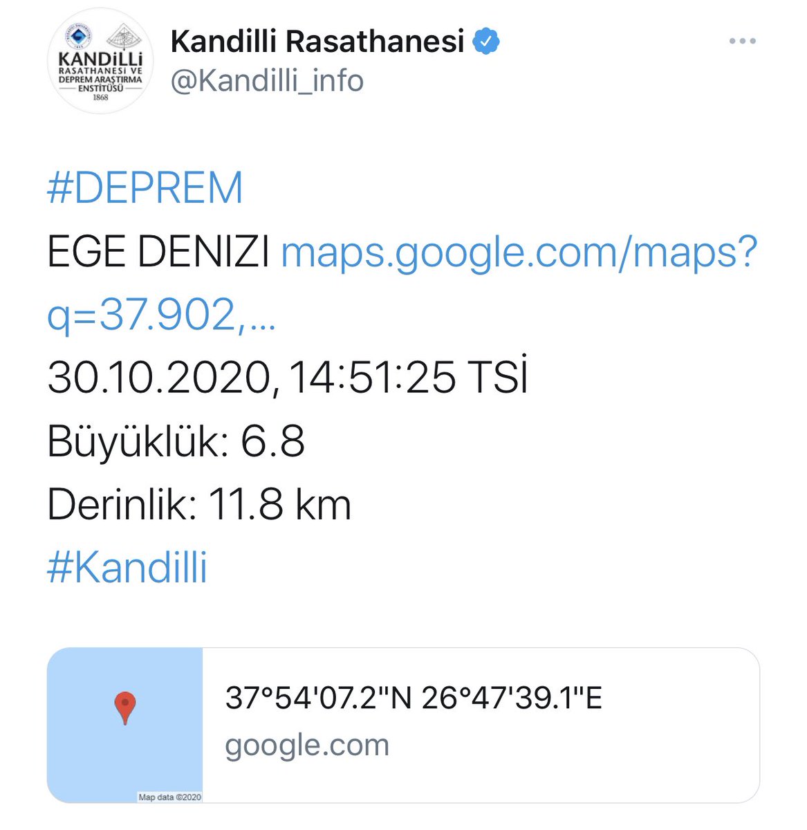 Ege Denizi'nde #deprem oldu.
İzmir ve İstanbul'da hissedilen depremin büyüklüğünü Kandilli Rasathanesi 6.8, AFAD 6.6 olarak açıkladı