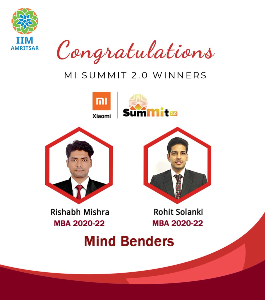 IIMAmritsar's tweet photo. IIM Amritsar is proud to announce the Winners of MI Summit 2.0
Mr. Rohit Solanki and Mr. Rishabh Mishra of MBA06 have made the institute proud with their innovative approach and dedication. We wish them all the very best for their future endeavors.
#IIMAmritsar #MISummit #IIM https://t.co/SVS7fuuquG