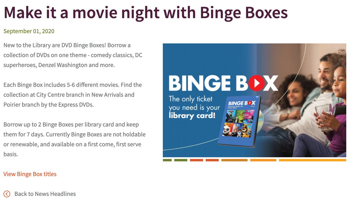 DavidNarcisoCA's tweet photo. Fun fact: Over a dozen Canadian libraries are now offering DVD themed collections called 'Binge Boxes.' Perfect for curbside pickups. Over 21 themes are available now, with new themes each quarter. #BingeBox #curbsidepickup Start your collection today: https://t.co/SyKqB5lJvC https://t.co/zZGjYUPIrd