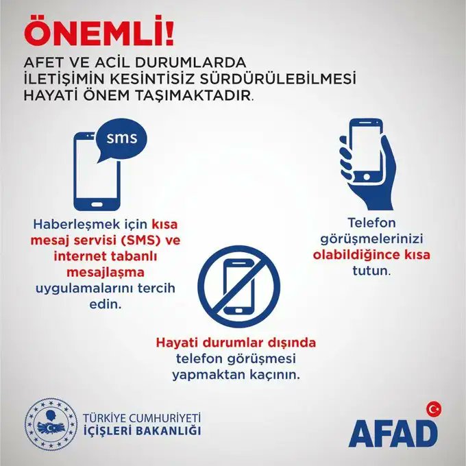 Depremlerde ve acil durumlarda iletişimin kesilmemesi için internet tabanlı haberleşme uygulamaları ve SMS'i tercih edin.