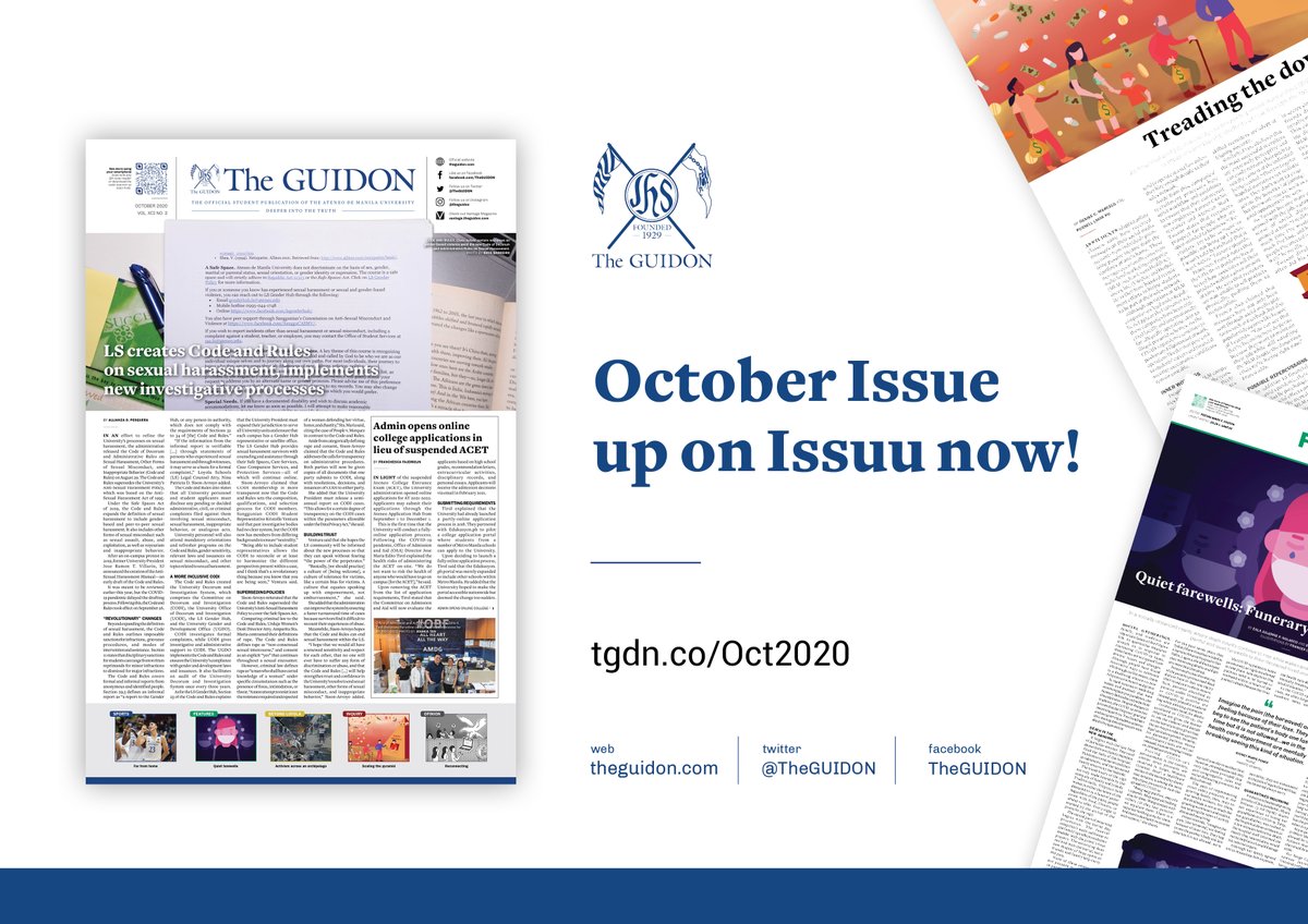 As Ateneo continues the shift to online learning, The GUIDON's October issue explores the events that transpired within and beyond the Loyola Schools amid the COVID-19 pandemic. Read the October issue here: tgdn.co/Oct2020