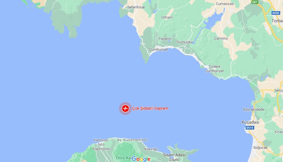 #SONDAKIKA 
#Deprem, İzmir'in Seferihisar ilçesi ile Aydın'ın Kuşadası ilçesi kesişiminde, Sisam Adası'nın kuzeyinde gerçekleşti.