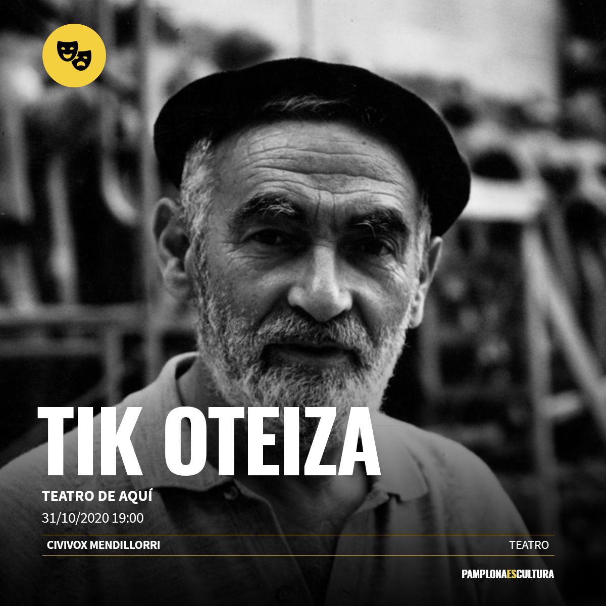 Pamplonacultura's tweet photo. 👉Danza, teatro, música y palabra son los ingredientes de "Tik Oteiza" que nos acercará a la obra poética de Jorge Oteiza a través del teatro musical 😍

⏰31 de octubre, 19:00 
📍Civivox Mendillorri
👉Gratis previa inscripción hasta completar el aforo de la Orden Foral 57/2020 https://t.co/psRzzWVdSV