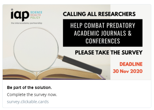 IAPartnership's tweet image. Predatory journals and conferences threaten to cause long-term damage to research and researchers.  Participate in the @IAPartnership survey to help you avoid these practices and help us to combat them!
👉tinyurl.com/y5bemqqx