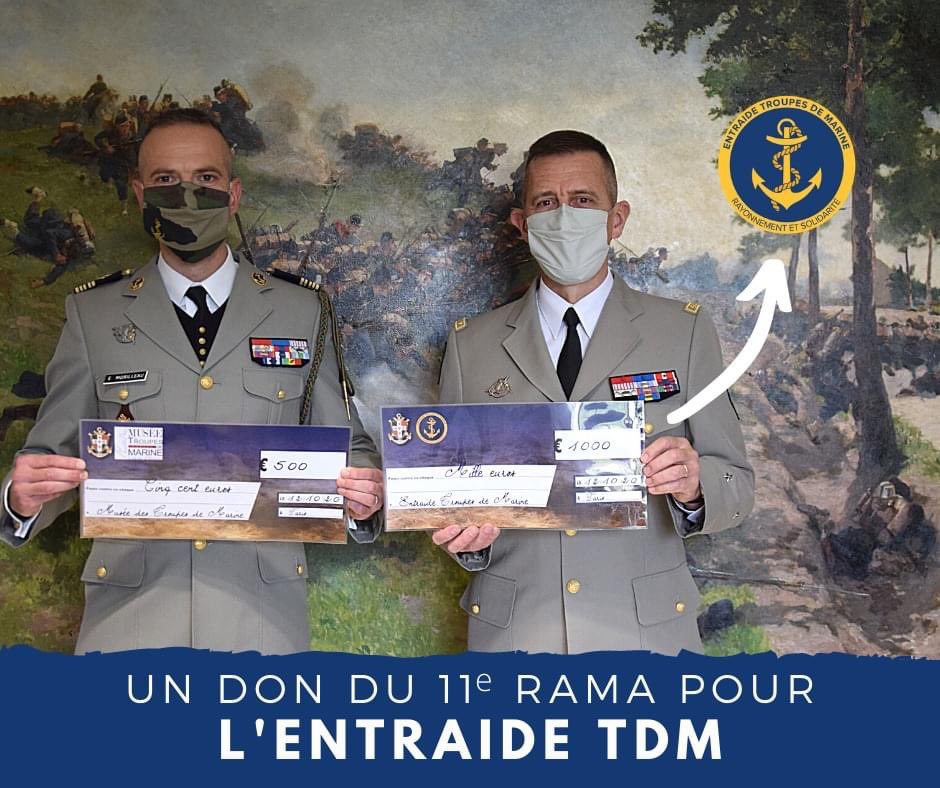 troupesdemarine's tweet image. Un don de 1 000 € a été remis par le COL Morilleau, chef de corps du #11eRAMa, au père de l’Arme, le général Garnier, au profit de l’association Entraide TDM. Un grand merci aux bigors du 11 pour leur soutien. 🙌