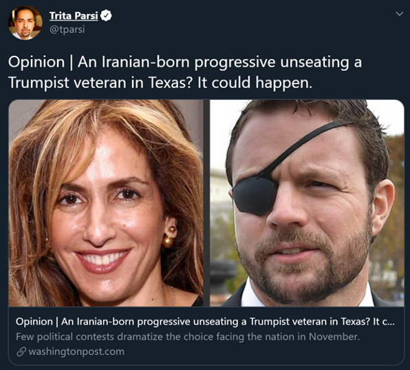 11)Now let's discuss the candidates endorsed by Iran's U.S.-based lobby arms NIAC & PAAIA.Sima Ladjevardian ( @SimaforTX) is endorsed by Iran’s lobby group PAAIA * is seeking to unseat Rep.  @DanCrenshawTX, a decorated U.S. veteran.