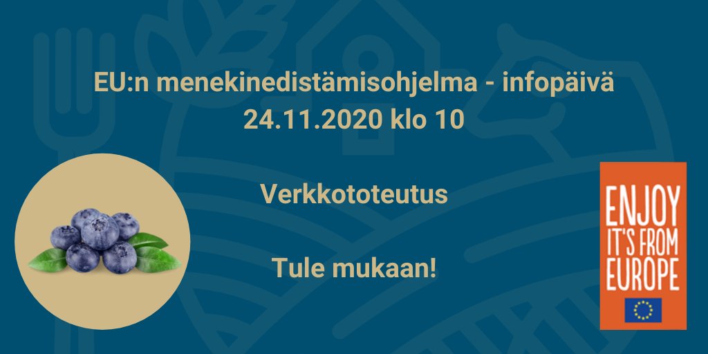 Ruokavirasto's tweet photo. Rahoitusta maataloustuotteiden menekinedistämiseen! Infotilaisuus EU-rahoitteisista menekinedistämisohjelmista 24.11.2020 klo 10. Lisätietoa: https://t.co/sE1Yj2ScAg #menekinedistäminen #elintarvikkeet #ruoka #vienti https://t.co/PYZH0onnKH