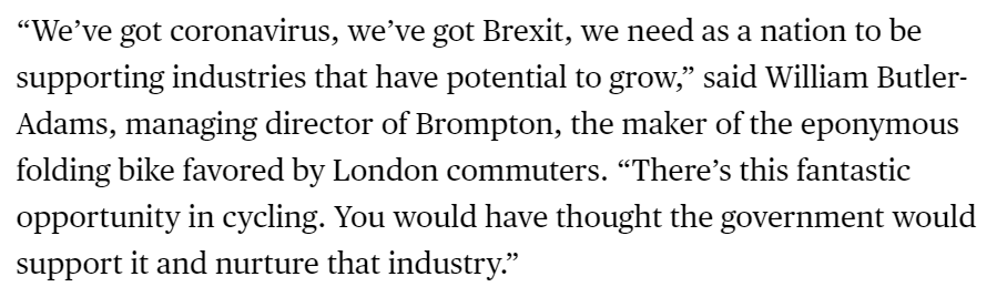With coronavirus and Brexit, plus a boom in cycling in the UK, Brompton MD Will Butler-Adams says the government should be supporting British manufacturing in this area -- not exposing it to unfair Chinese competition 4/