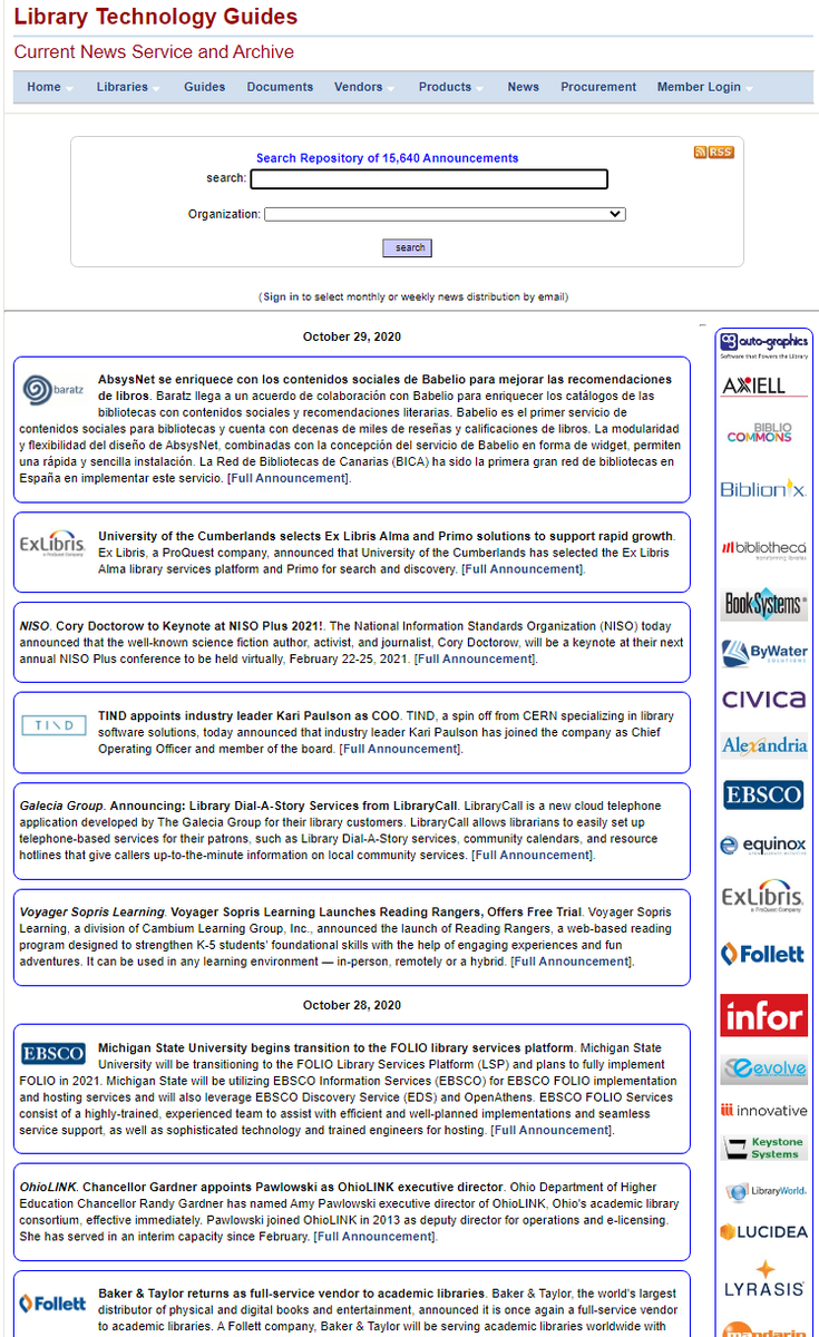 mbreeding's tweet photo. Updated News Service on Library Technology Guides:

https://t.co/qvf7e9KiML

Presents current announcements issued by library tech vendors

15,000+ archived announcements going back to the early 1990s.

Site members can receive weekly or monthly current news by email
#LibTechNews https://t.co/X21HCniLPW