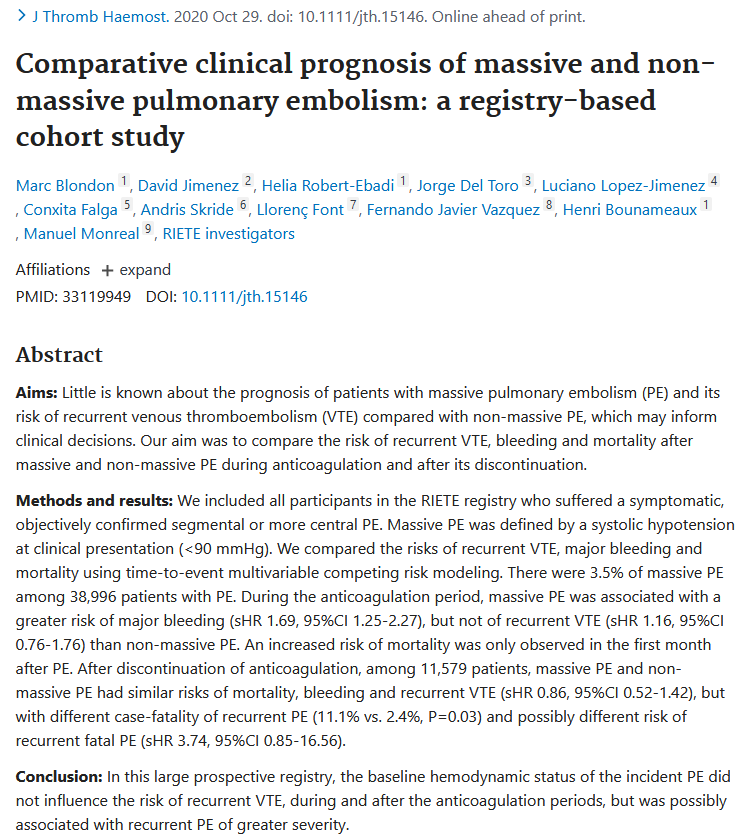 Do you treat your patients with massive PE as those with non-massive PE?

The #RIETEregistry experience here: pubmed.ncbi.nlm.nih.gov/33119949/