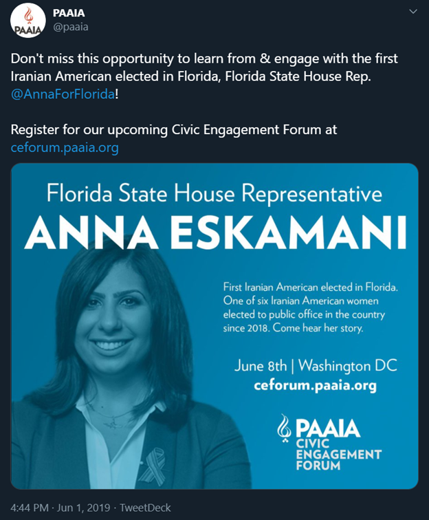 14) @AnnaForFlorida in Florida’s State House of Representatives has ties with Iran’s lobby groups PAAIA & NIACl, is known to push Iran’s talking points and pursue Tehran’s interests in the U.S.