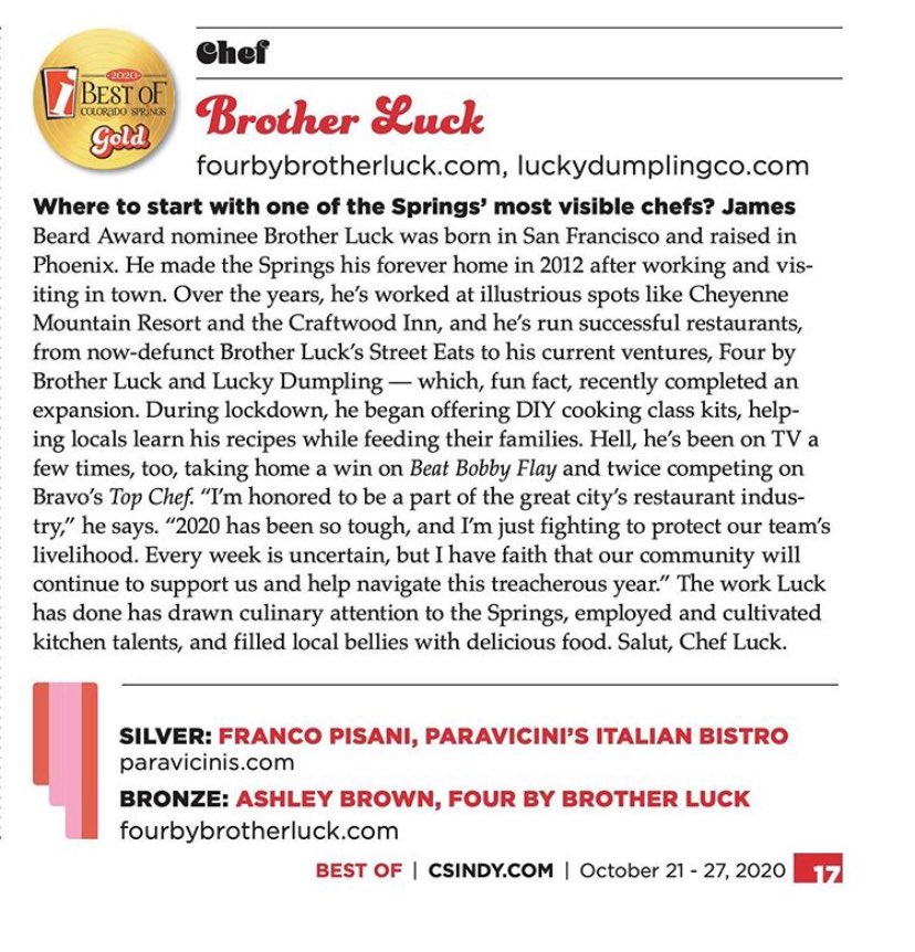 ccapculinary's tweet photo. Congratulations to alum @chefbrotherluck on winning the Best Chef Award from the @csindependent. #CCAPAlums (1/2) https://t.co/iIp7oXkHt8