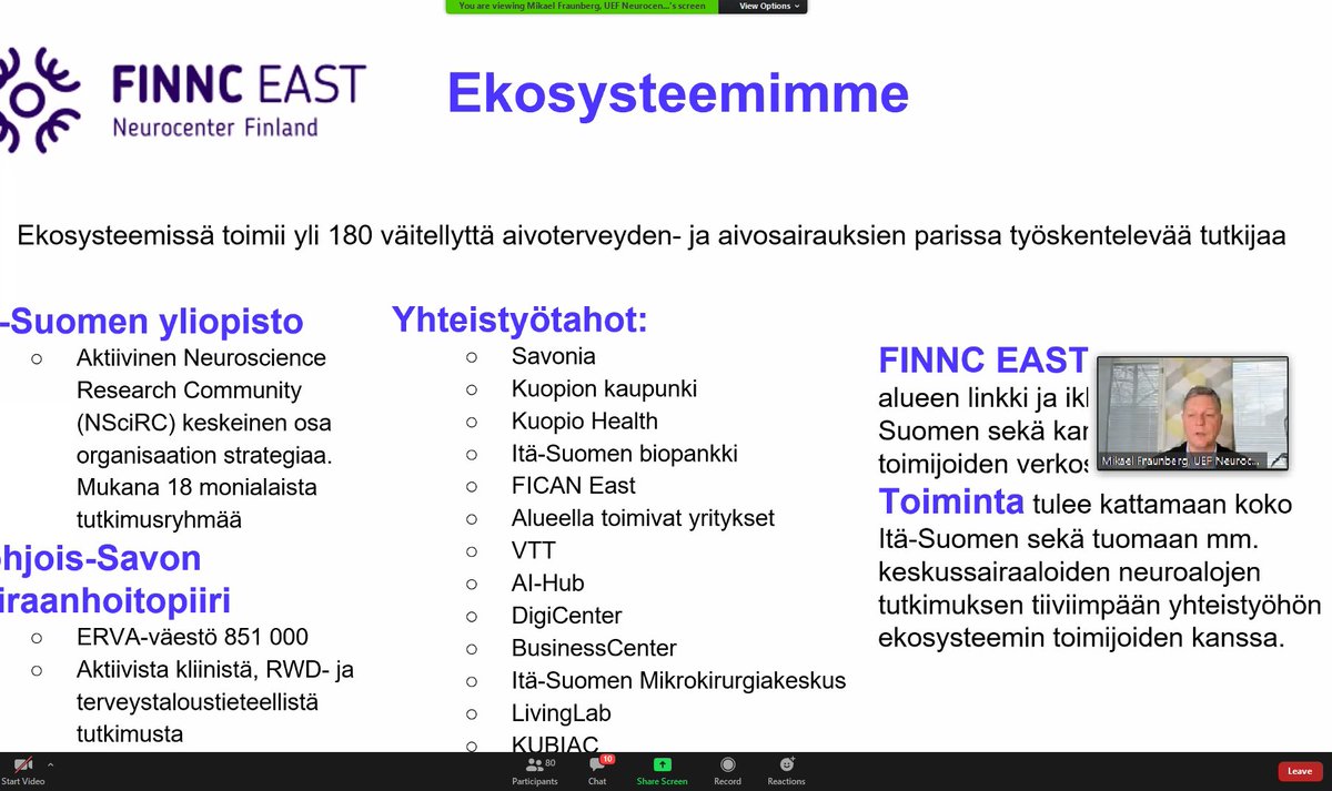NeurocenterFI's tweet image. @pohjoissavo rahoittaman EAKR-hankkeen loppuseminaarissa @MFraunberg visioi miten Kansallisen neurokeskuksen alueellinen toiminta ja ekosysteemi tulisi muotoutumaan East -alueella! 

#FINNCEast #codedtoconnect #neurochallenge