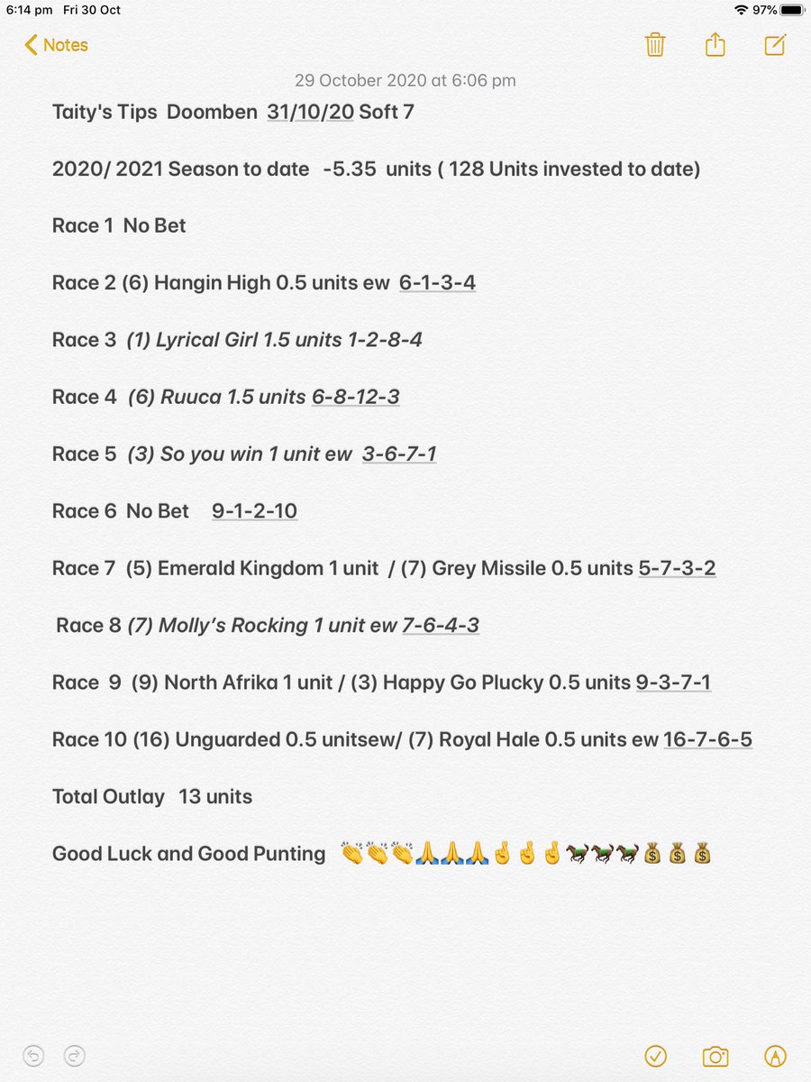 Taity’s Tips 31/10 Please feel free to discount or discuss
#free #battler #teampatches
@racingnation_jo @brissyraces @fatzgorrie @placepunter @RobMcTaggart1 @wjpa @cheerscobberta @harrywhitetips @RoganJosh_9 @cdwinters91 @qldtrials @ajsrburke https://t.co/JSNcuaKrEF