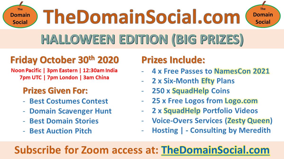 TheDomainSocial's tweet image. TODAY's DOMAIN SOCIAL:
- 8-figure domain broker co-host
- Finally an appearance and intro by "Domain Royalty"
- 4 contests and tons of great prizes
- Pre-recorded Domain Story by A-List Celebrity
- Subscribe now for access at TheDomainSocial.com
- Costumes encouraged!