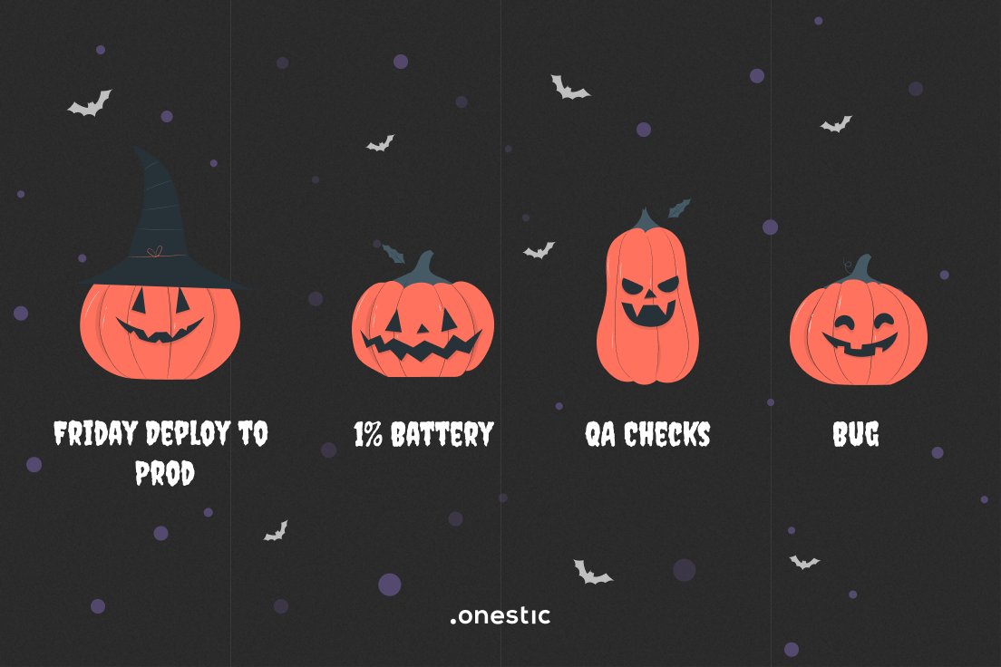 Worst nightmares for #developers :
- #FridayDeploy 
- #QAChecks 🕵️‍♀️
- #Bugs appear unexpectedly 👻
- Fixing a bug gives birth to more bugs 😱
- The "unknown" bug 🔍
- No back-up and data are lost ✖

Feel the fear? It's #Halloween #Onestic #DevelopersNightmares 
Happy Halloween!☠
