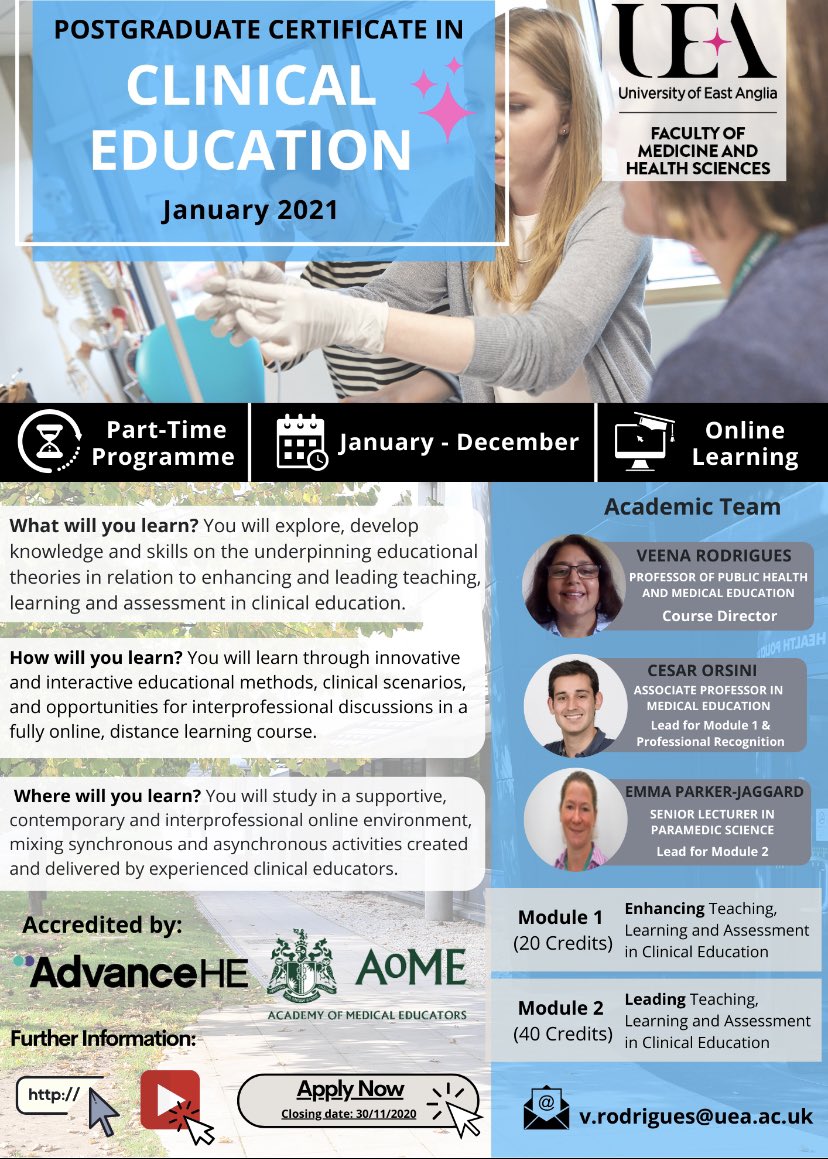 Prof Veena Rodrigues (@profvcrodrigues) on Twitter photo Are you looking for a high quality distance learning medical/clinical education course? Our fully online, interactive Postgraduate Certificate in Clinical Education starts Jan 2021. Admissions close 30/11/20. <a href="/OrsiniCesar/">Cesar Orsini</a> <a href="/Epj60071475/">Epj</a> #UEAClinEd #meded <a href="/JPUHEd/">JPUH Education & Practice Development</a> @nnuhNANIME Are you looking for a high quality distance learning medical/clinical education course? Our fully online, interactive Postgraduate Certificate in Clinical Education starts Jan 2021. Admissions close 30/11/20. <a href="/OrsiniCesar/">Cesar Orsini</a> <a href="/Epj60071475/">Epj</a> #UEAClinEd #meded <a href="/JPUHEd/">JPUH Education & Practice Development</a> @nnuhNANIME
